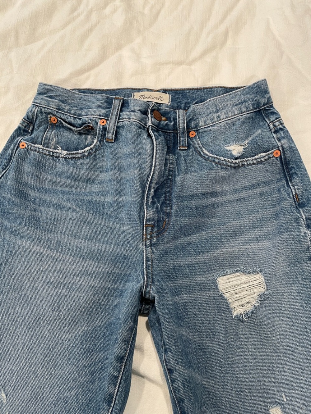 Madewell Distressed Light Blue Straight-Leg Jeans Size 27 with Frayed Hem